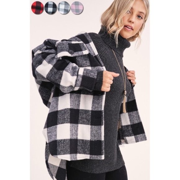Stella Black & White Buffalo Plaid Button Front Shacket sz Lg - Picture 4 of 8
